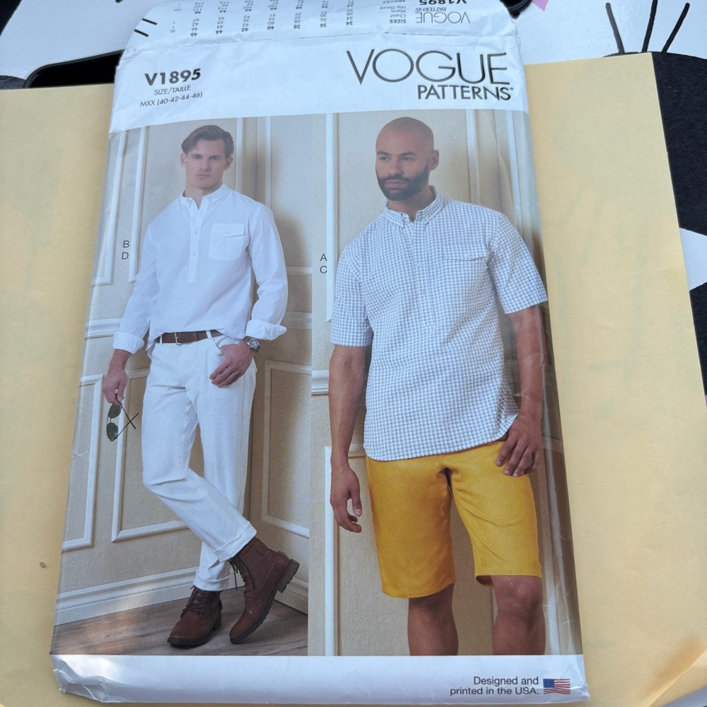 Vogue Pattern V1895 MXX for Men’s Shirt, Shorts, and Pants